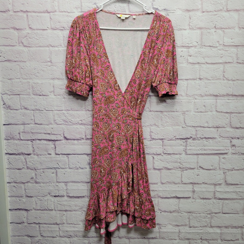 Boden Ruffle Wrap Jersey Dress Size 2R Pink Brown Paisley Boho Cottage Floral
